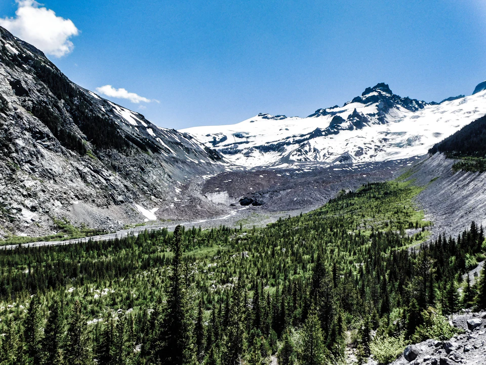 The image depicts a breathtaking view of a snow-capped mountain range under a clear blue sky. The mountains, with their white peaks and green valleys, are covered in snow that glistens under the sunlight. The valley below is lush with trees and shrubs, adding a touch of green to the otherwise monochrome landscape. The perspective of the image is from a high vantage point, providing an expansive view of the mountain range and its surroundings.