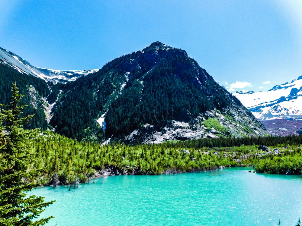 a blue lake surrounded by mountains and trees