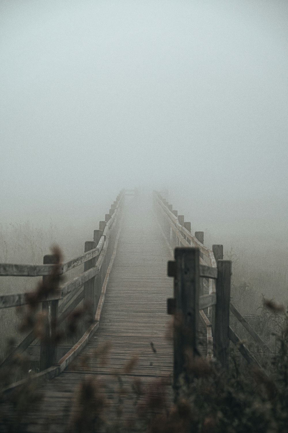 a wooden bridge in the middle of a foggy field