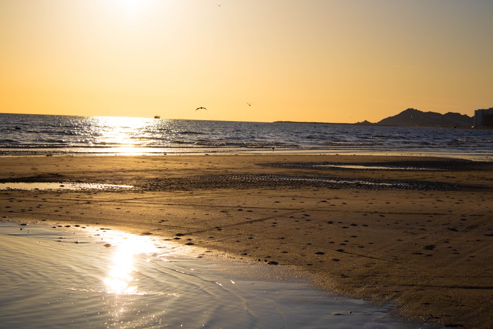 El sol se está poniendo sobre el agua en la playa