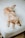 A golden retriever dog lies comfortably on a white, textured bed. The dog appears relaxed, with its head resting on the edge and its eyes looking to the side. The room has a cozy feel, with a woven rug partially visible underneath the bed.