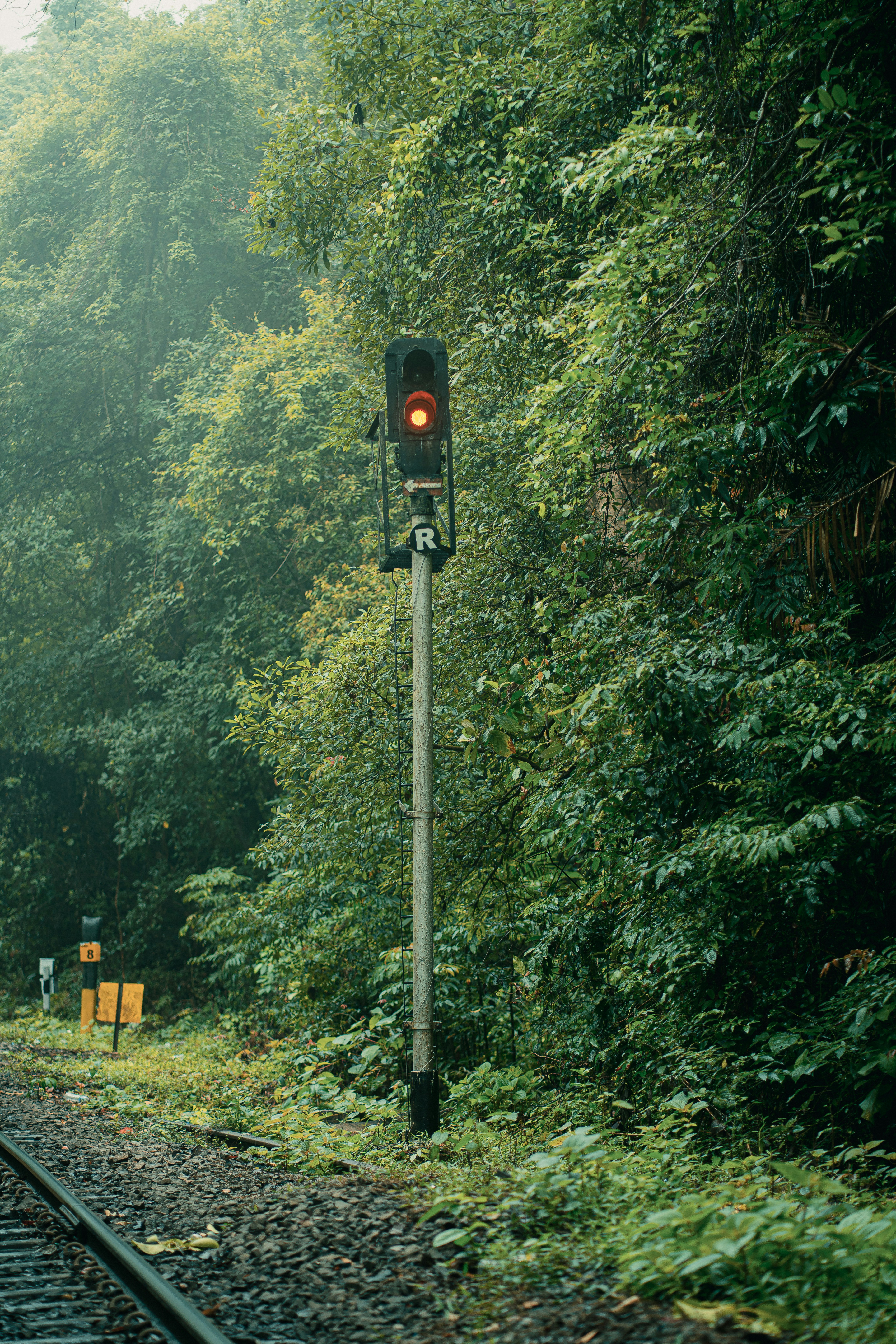 A railroad track with a red light on it photo Free India Image on