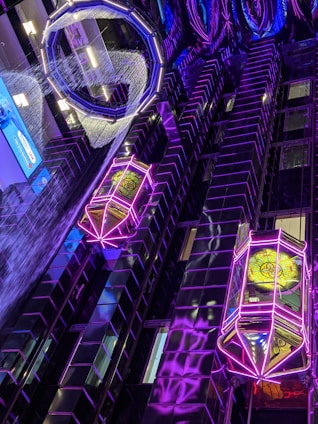 A photorealistic 8K image of a dimly lit urban warehouse with glowing blue LED circuits and a holographic AI interface floating above metallic lockers.