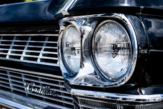 Close-up of a classic car's polished emblem and pristine paintwork reflecting soft light.