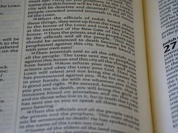 Close-up of an open ancient scripture with highlighted text.