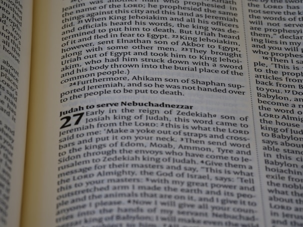 Pages from a book written in English, featuring sections of text with chapter headings and verse numbers. The content appears to be scriptural or religious in nature, discussing historical figures and events.