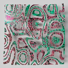 A vibrant abstract pattern featuring swirling, organic shapes in a dynamic composition. The design is made up of interconnected loops and ovals with a glossy, almost metallic texture. The patterns are primarily green and magenta, creating a psychedelic effect on a textured gray background.