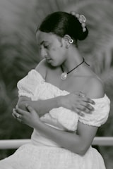 A serene setting with a model wearing various accessories.