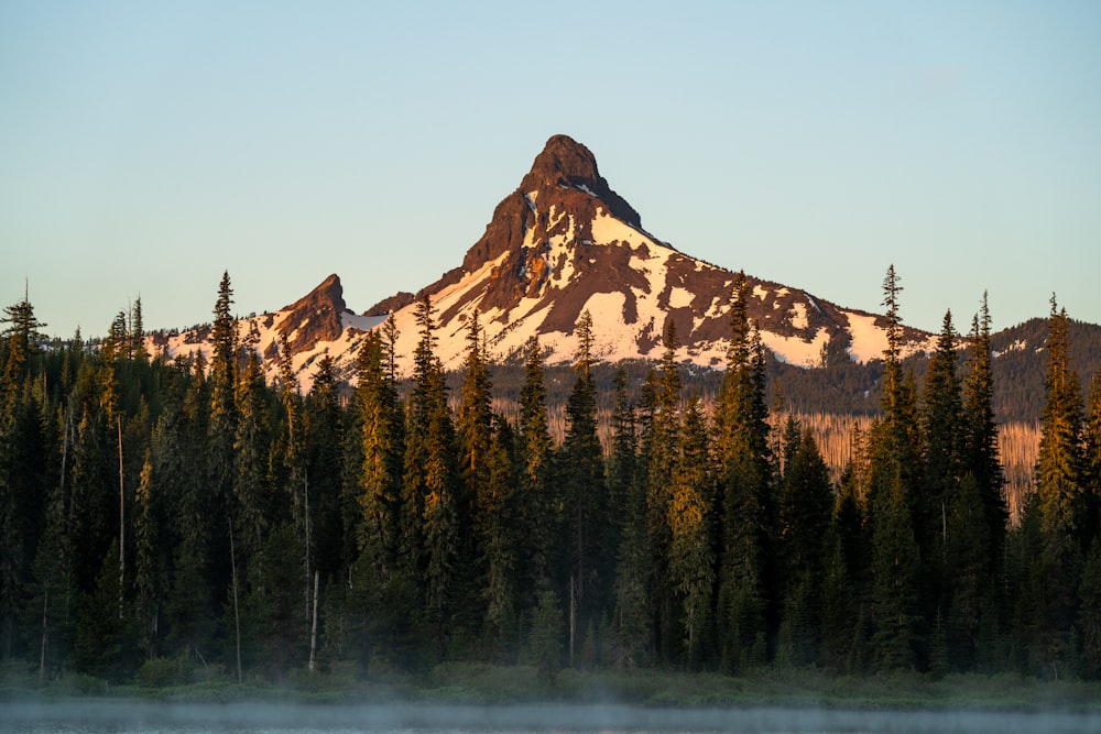 a mountain with trees in the foreground and a body of water in the fore