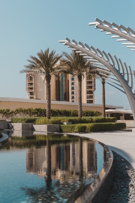 A modern architectural landscape featuring a luxurious building with tall palm trees in the foreground. There is also a reflective water feature creating a mirror image of the surroundings. The sky is clear and blue, enhancing the calm and serene atmosphere.