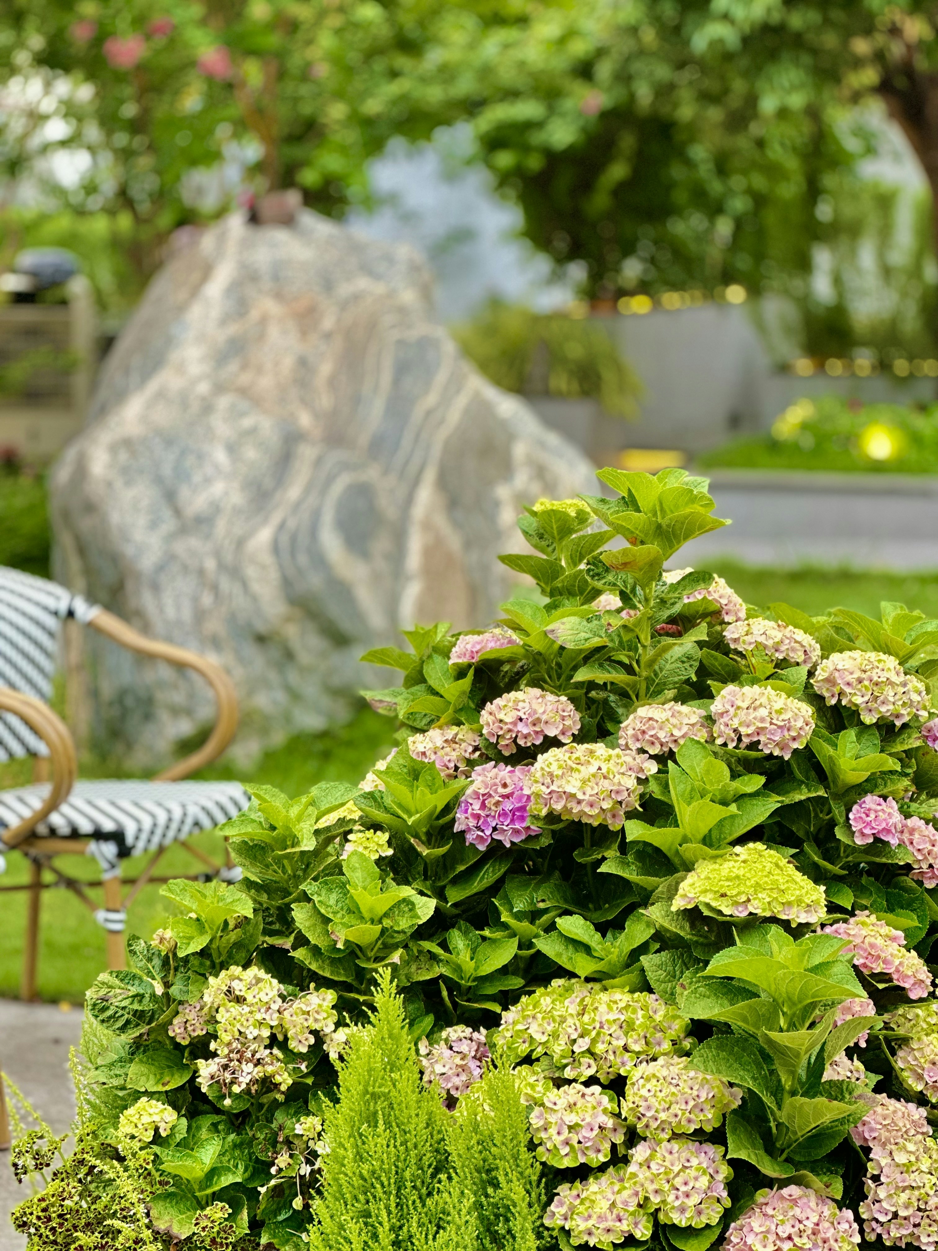 a planter filled with lots of green and pink flowers