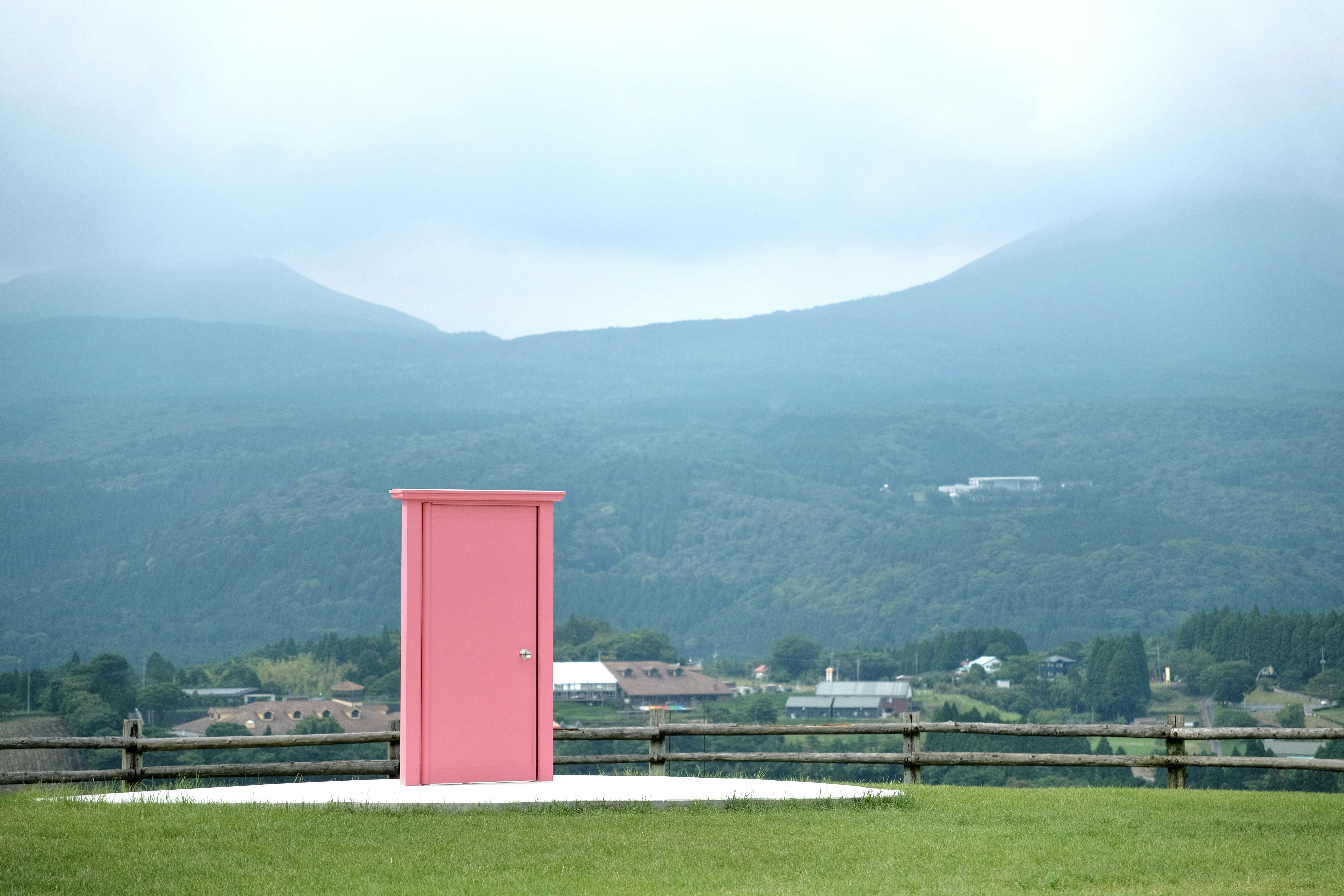 a pink door sitting on top of a lush green field