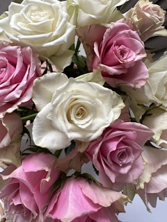 A vibrant wedding bouquet with soft pink and white roses arranged elegantly.