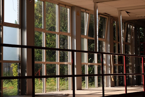 Large windows allow sunlight to illuminate an indoor space, casting shadows from a railing. Trees and greenery are visible outside.