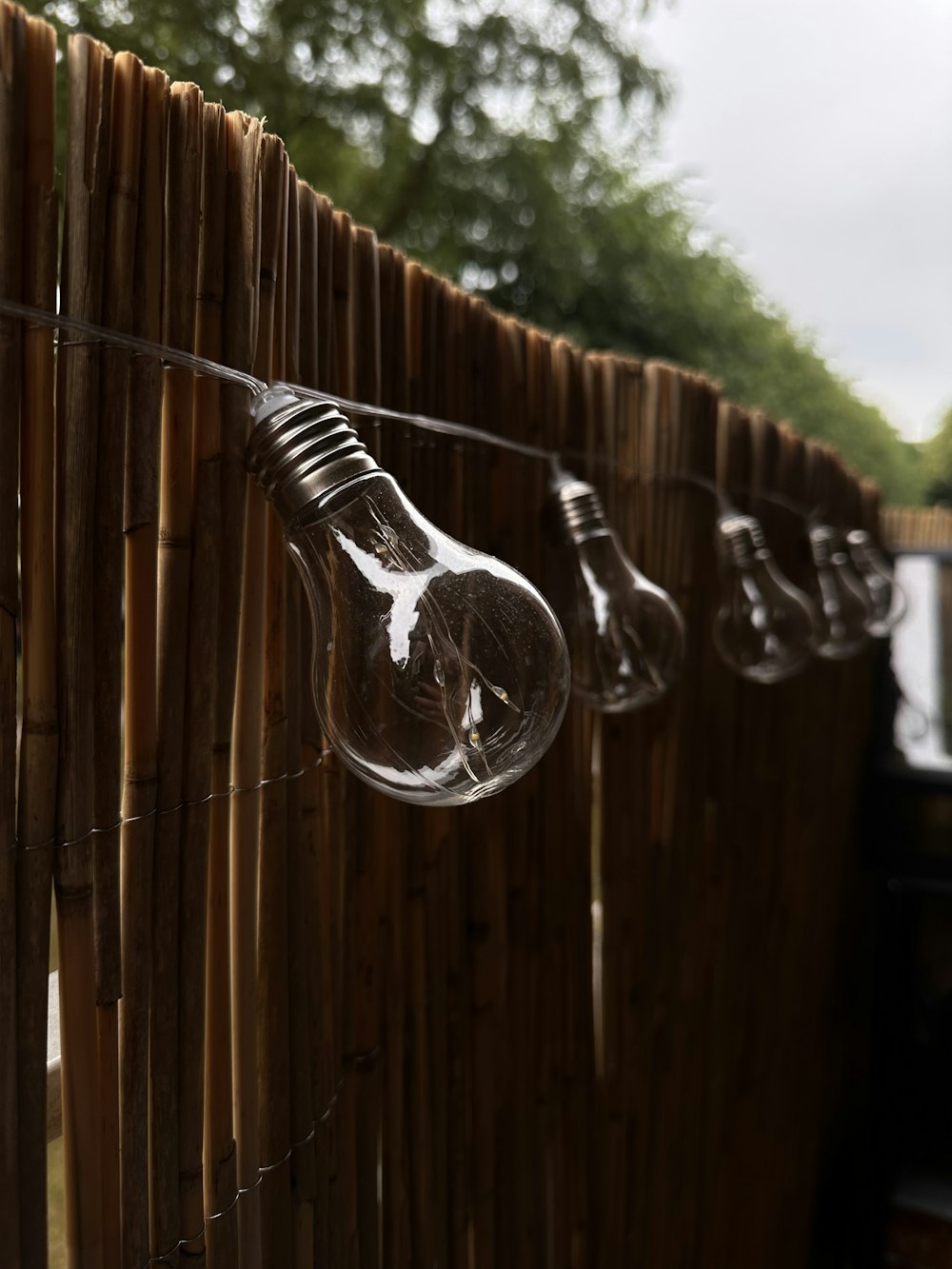 a bunch of light bulbs are hanging on a fence