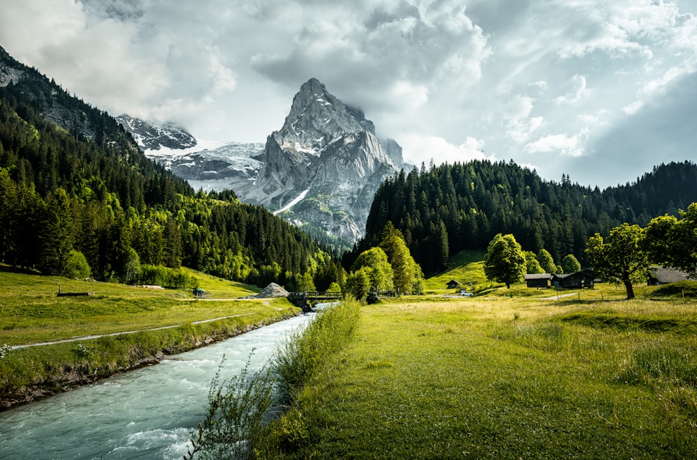 a mountain with a river running through it