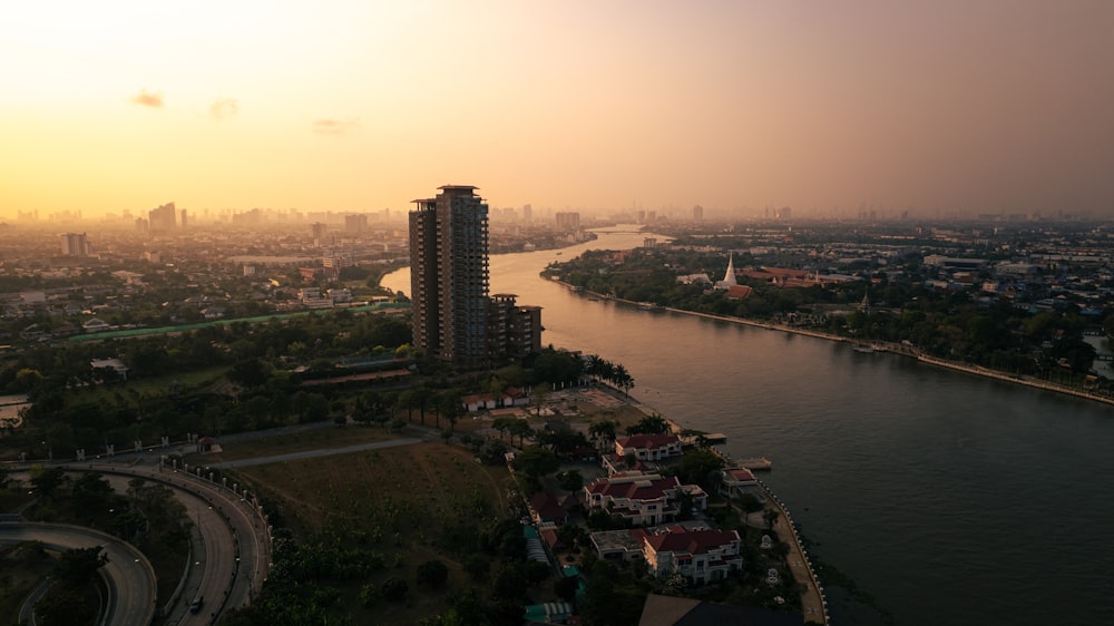 an aerial view of a city and a river