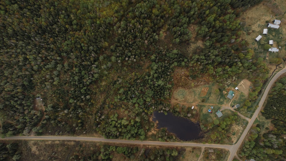 an aerial view of a wooded area with a lake