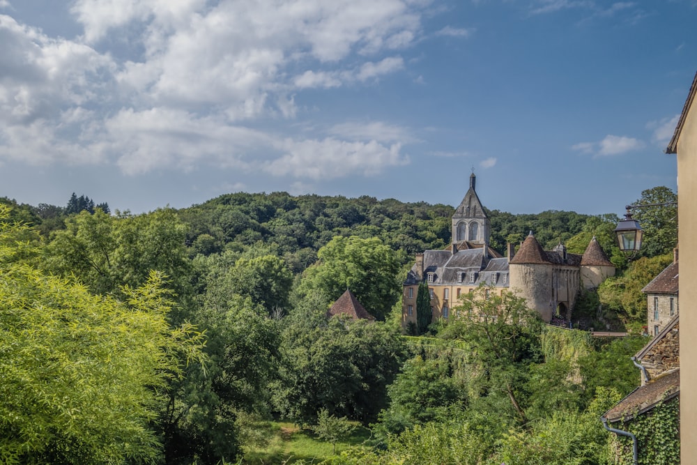 a castle in the middle of a lush green forest