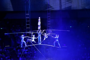 Acrobats mid-air performing a daring trapeze act against a backdrop of twinkling lights