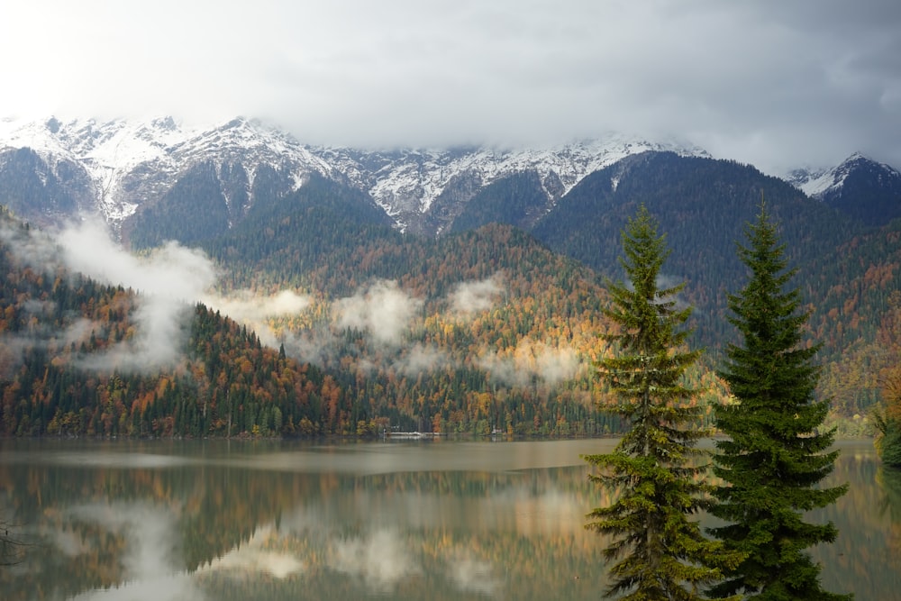 a lake surrounded by mountains with trees in the foreground