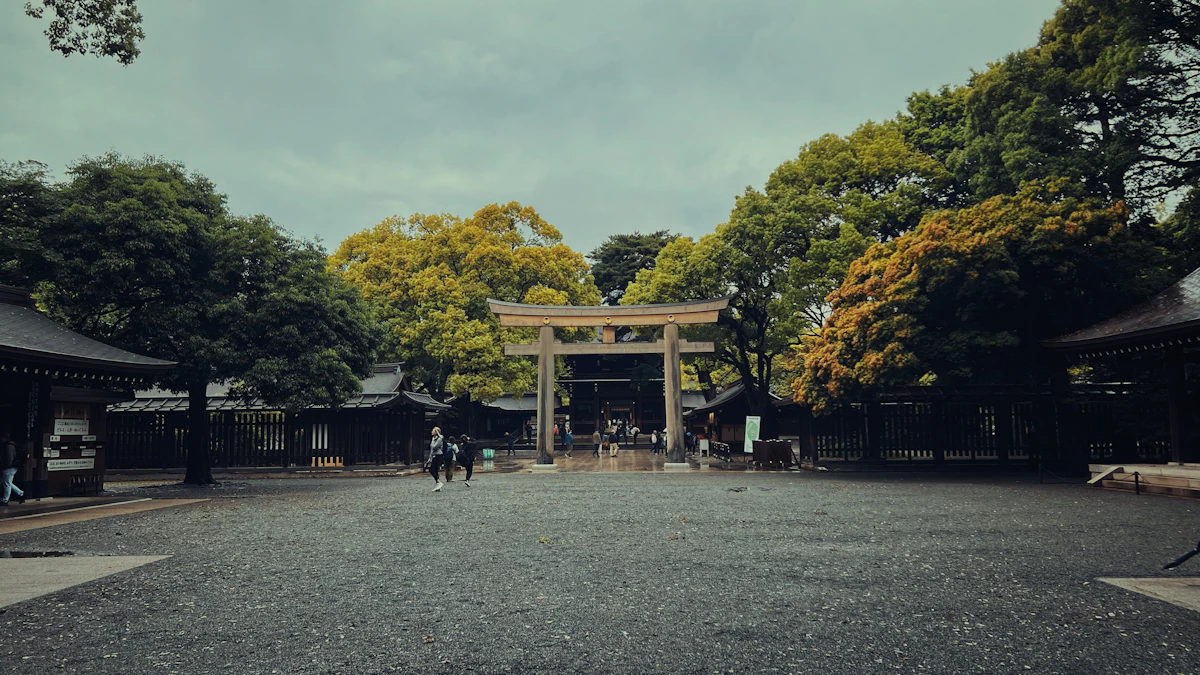 Large wooden torii gate at a Japanese shrine, trees behind
