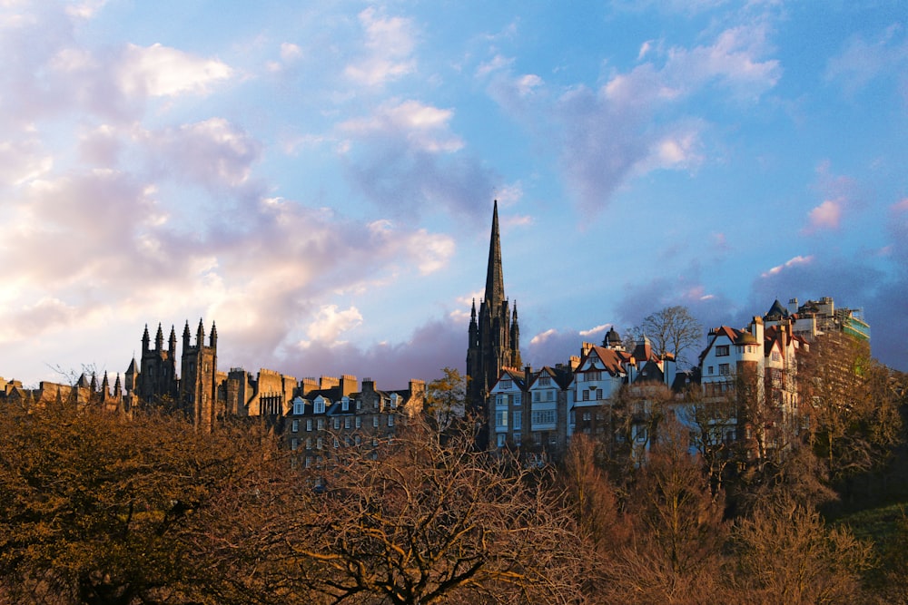 a large cathedral towering over a city under a cloudy sky