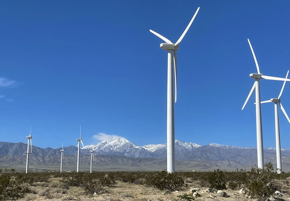 a bunch of windmills in the desert with mountains in the background