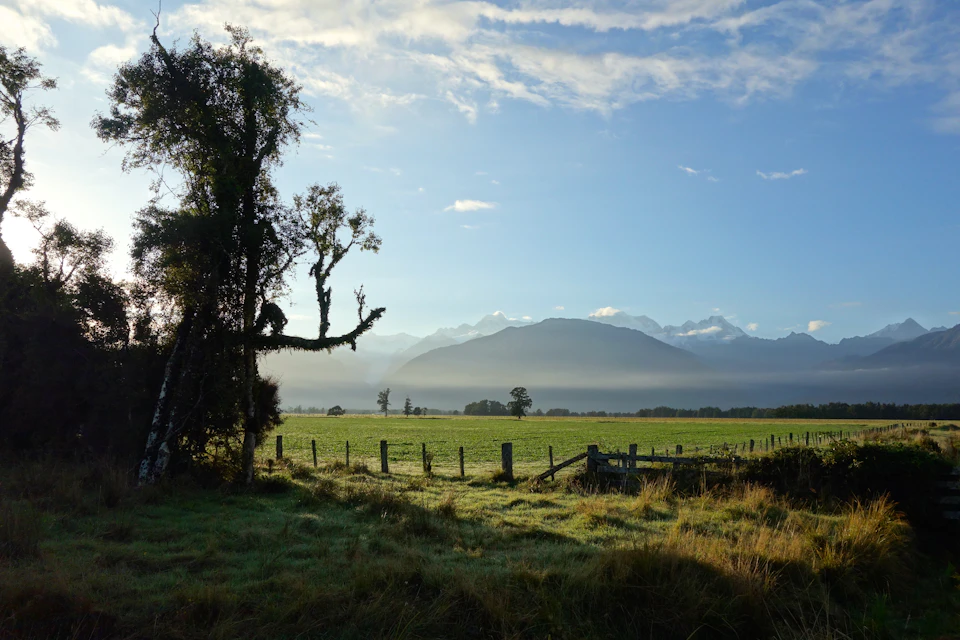 The image depicts a serene landscape with a lush green field stretching out into the distance, dotted with trees and bushes that add depth to the scene. In the foreground, there is a fence running along the edge of the field, separating it from the surrounding wilderness. Beyond the field, majestic mountains rise against the horizon, their peaks shrouded in mist, creating an ethereal backdrop for the tranquil setting. The sky above is a clear blue with wispy clouds scattered across its expanse.