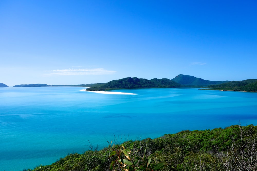 a view of the ocean from the top of a hill