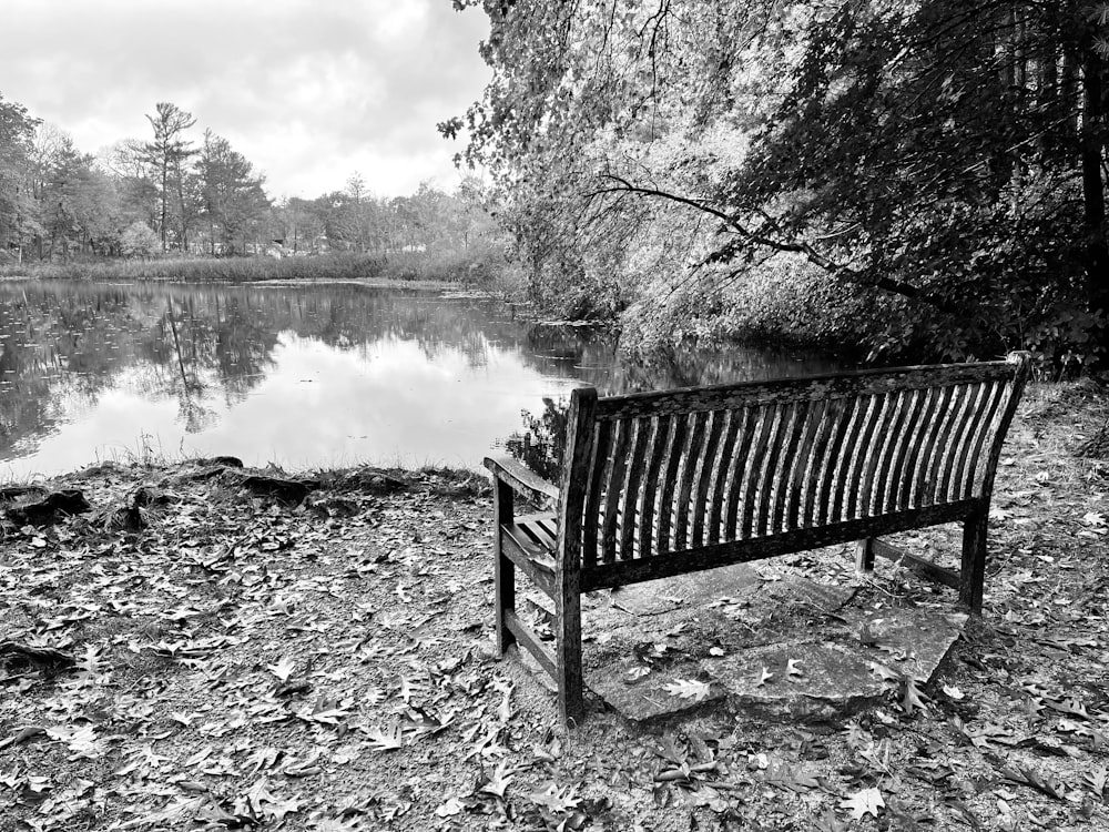 uma foto em preto e branco de um banco perto de um lago