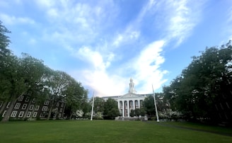 A majestic university building with elegant architecture surrounded by lush greenery.