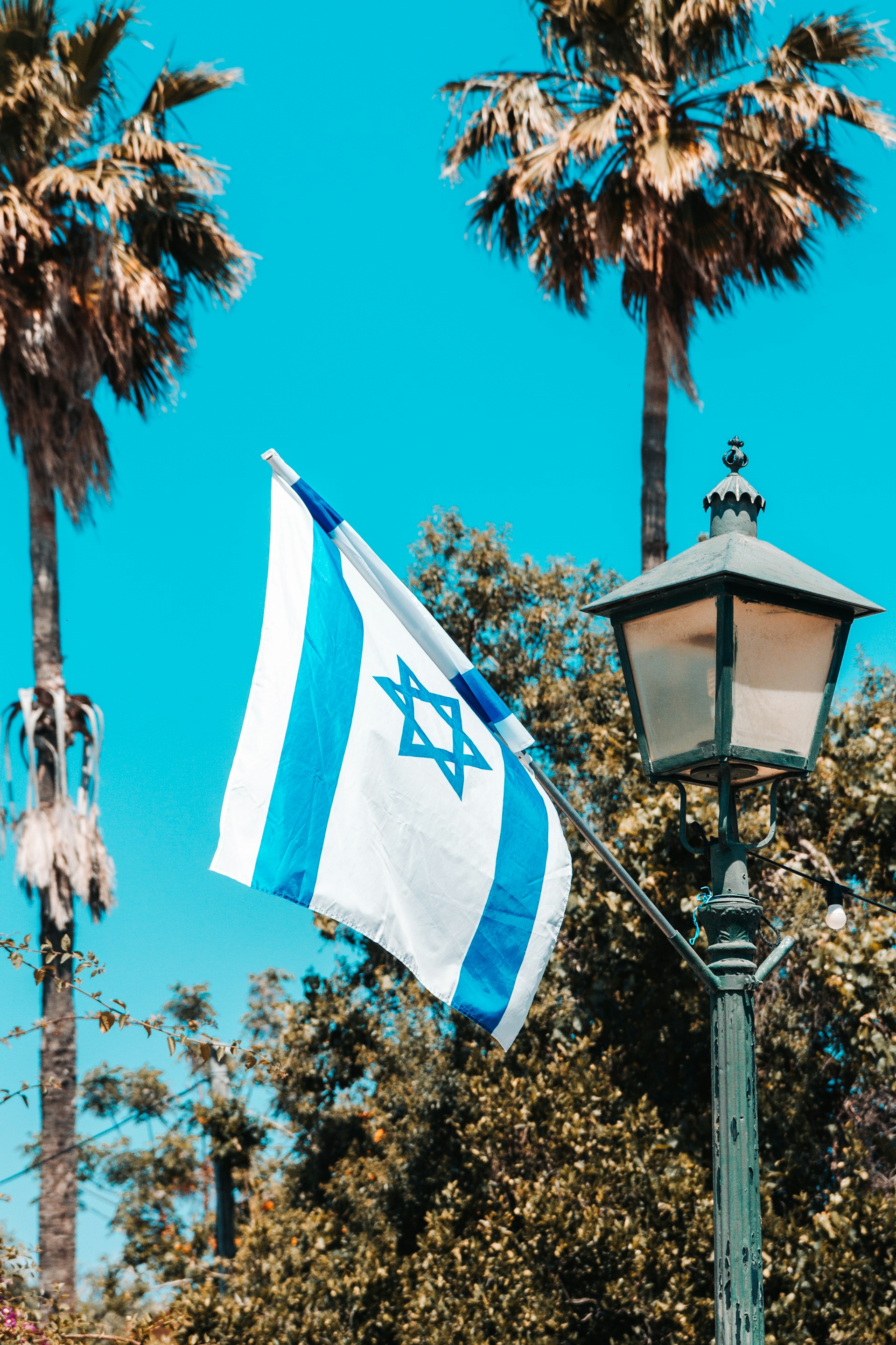 a lamp post with a flag hanging off of it's side