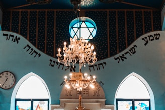 a chandelier hanging from the ceiling of a church
