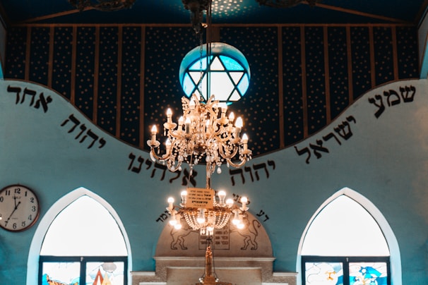 a chandelier hanging from the ceiling of a church