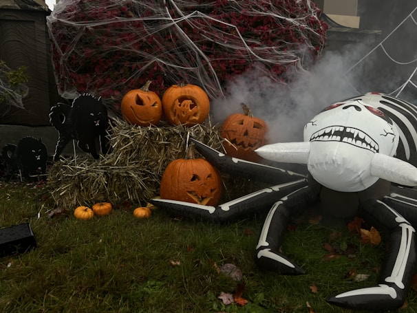 A spooky Halloween scene with several carved pumpkins placed on straw bales, surrounded by small decorative pumpkins on a grassy lawn. An inflatable spider with a skeletal pattern is positioned menacingly beside the pumpkins. Black cat silhouettes and cobwebs add to the eerie atmosphere, with artificial fog providing a misty backdrop.