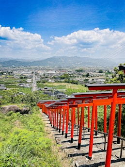A row of bright red torii gates leads down a lush hill towards a panoramic view of a sprawling cityscape. The scene is set against a backdrop of distant mountains under a clear blue sky with a few fluffy clouds.