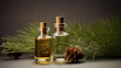 Glass bottles filled with golden oils and herbal extracts on a light porcelain surface