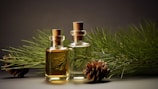 Two small glass bottles with cork stoppers, containing liquid in brown and light yellow shades, are placed in front of green pine needles and pinecones. The setting suggests a natural and aromatic theme.