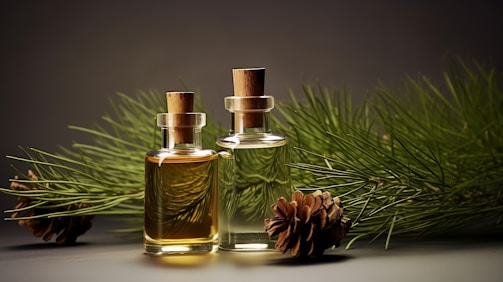 Glass bottles with herbal tinctures and essential oils on a natural linen cloth