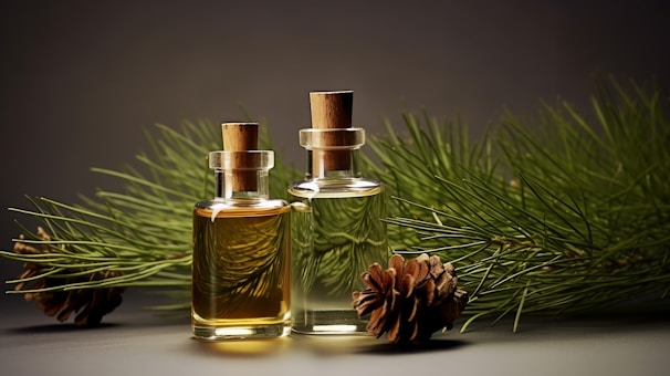 Natural plant extracts in small glass containers with soft pastel labels, evoking freshness.