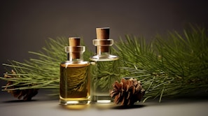 Two small glass bottles with cork stoppers, containing liquid in brown and light yellow shades, are placed in front of green pine needles and pinecones. The setting suggests a natural and aromatic theme.