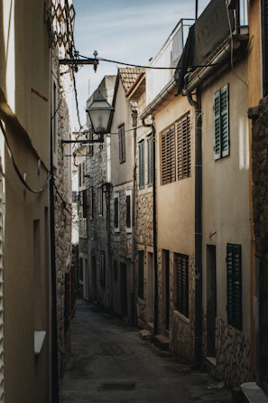 A quiet alleyway framed by old buildings with soft natural light filtering through.