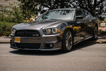 A sleek, modern gray sports sedan parked on the street, highlighting its polished exterior and sporty design. The car features distinctive headlights and a bold front grille, set against a backdrop of leafy greenery and urban elements.