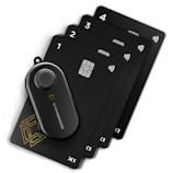 A black device with the brand name 'Cypherock' lies on top of a set of smart cards labeled with numbers 1 to 4. Each card features a chip and wireless symbol, suggesting it is a high-tech, possibly security-related gadget.