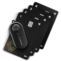 A black device with the brand name 'Cypherock' lies on top of a set of smart cards labeled with numbers 1 to 4. Each card features a chip and wireless symbol, suggesting it is a high-tech, possibly security-related gadget.