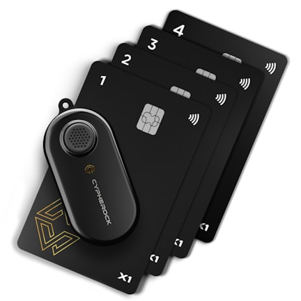 A black device with the brand name 'Cypherock' lies on top of a set of smart cards labeled with numbers 1 to 4. Each card features a chip and wireless symbol, suggesting it is a high-tech, possibly security-related gadget.
