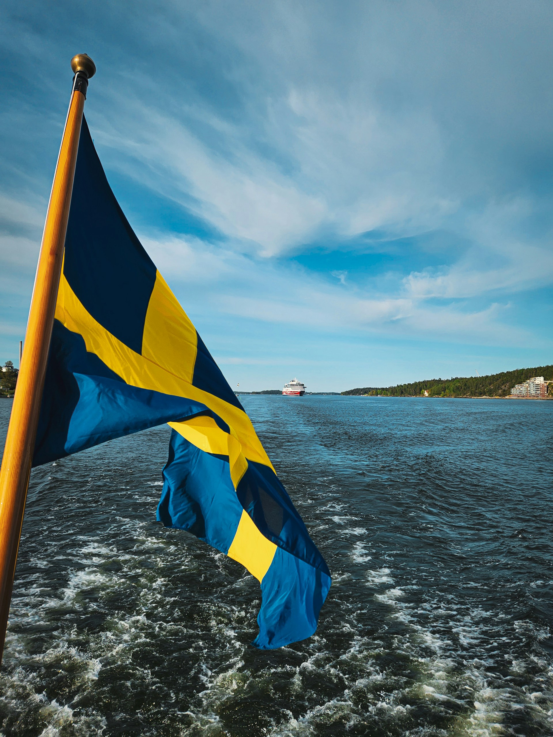 a blue and yellow flag on a boat in the water