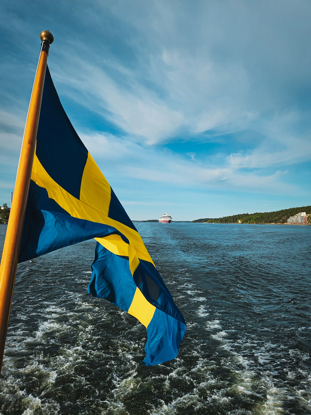 a blue and yellow flag on a boat in the water