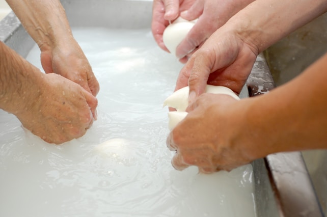 Several hands are seen working with white, round objects submerged in a container filled with liquid. The scene likely depicts a traditional or artisanal process involving food preparation, possibly cheese-making.